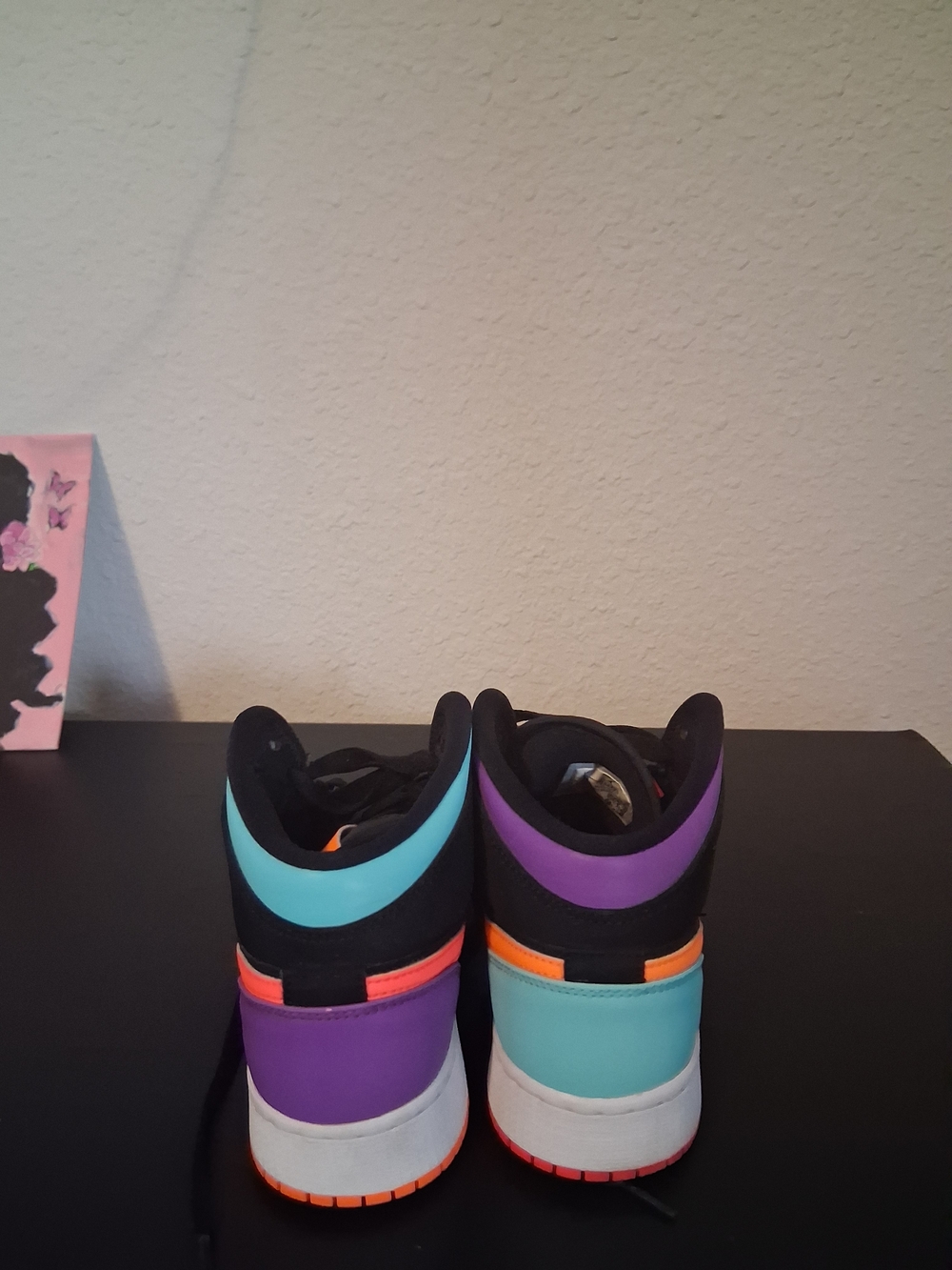 Nike Jordan 1 Kids' Mid-Top  Sneakers - Black with Orange, Teal & Purple Size 5Y - Picture 4 of 6